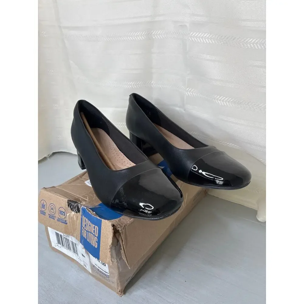 Clarks Marilyn Sara Cap Toe Block Heel Pumps Black Womens Size 11M